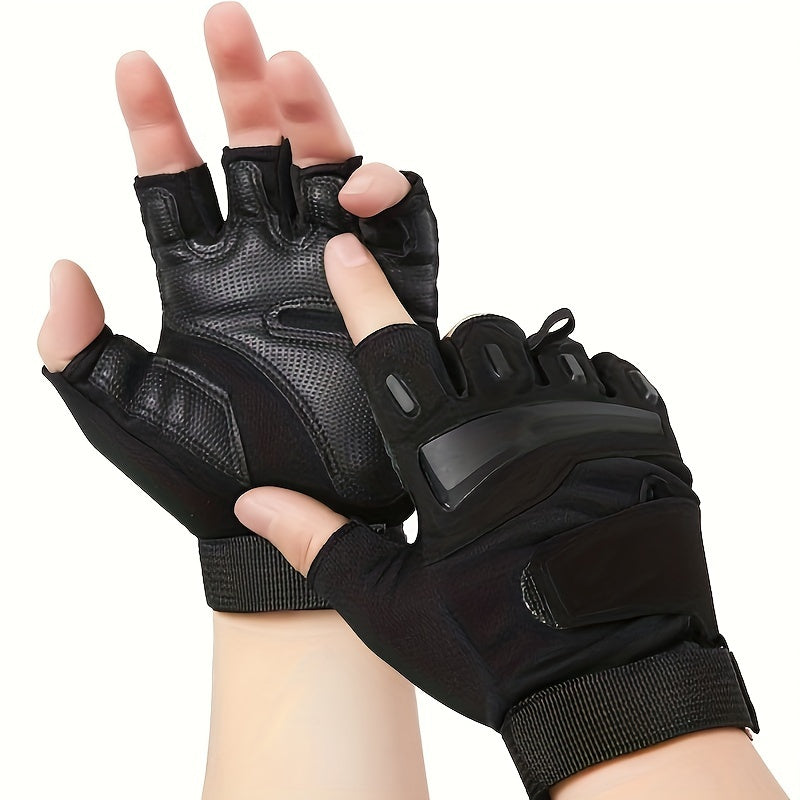 Pair of Tactical Half-Finger Gloves for Men & Women - Non-Slip, Breathable Nylon, Adjustable Wrist Strap for Outdoor Sports, Cycling, Motorcycling - Black, Bike Gloves