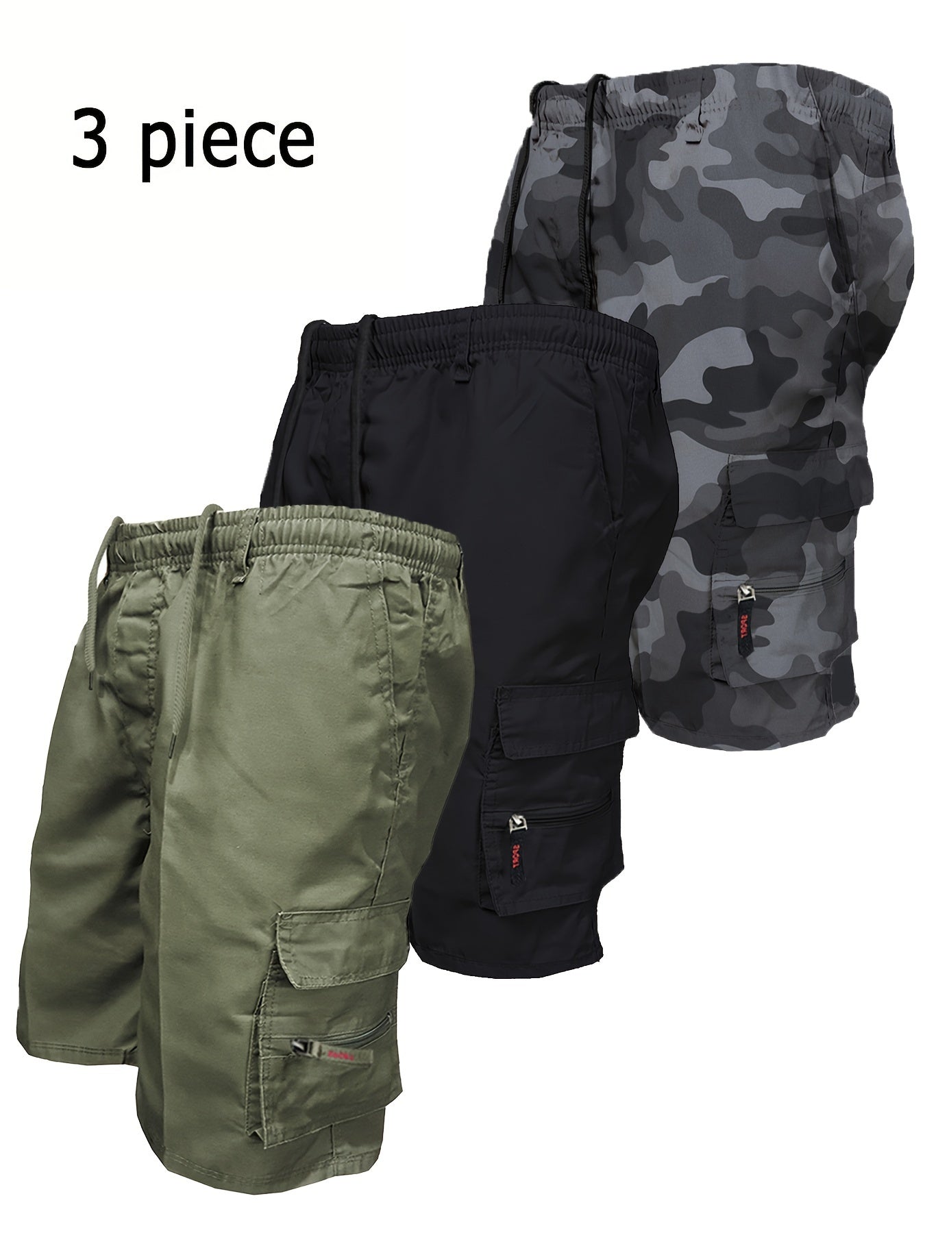 Men's Workwear Shorts 3pcs Set Camouflage Workwear Shorts Outdoor Tactical Shorts Summer Casual Sports Pants Loose Elastic Waist Work Hiking Sports Shorts 3pcs Set