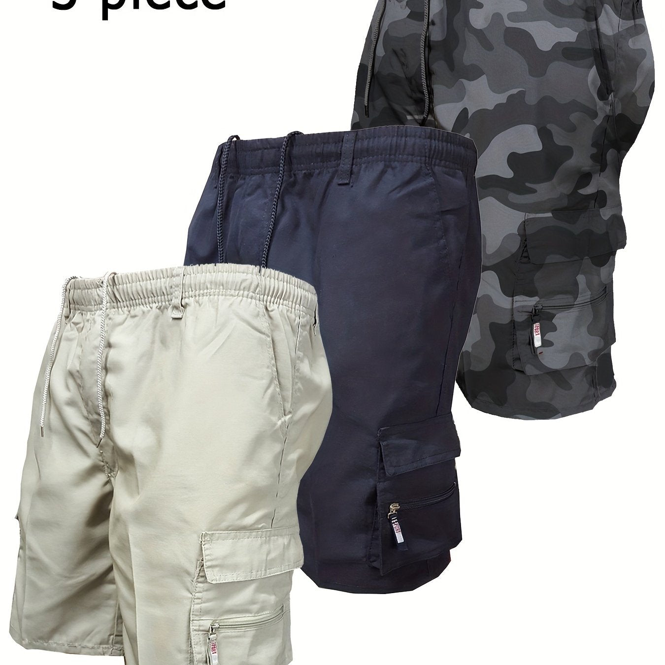 Men's Workwear Shorts 3pcs Set Camouflage Workwear Shorts Outdoor Tactical Shorts Summer Casual Sports Pants Loose Elastic Waist Work Hiking Sports Shorts 3pcs Set
