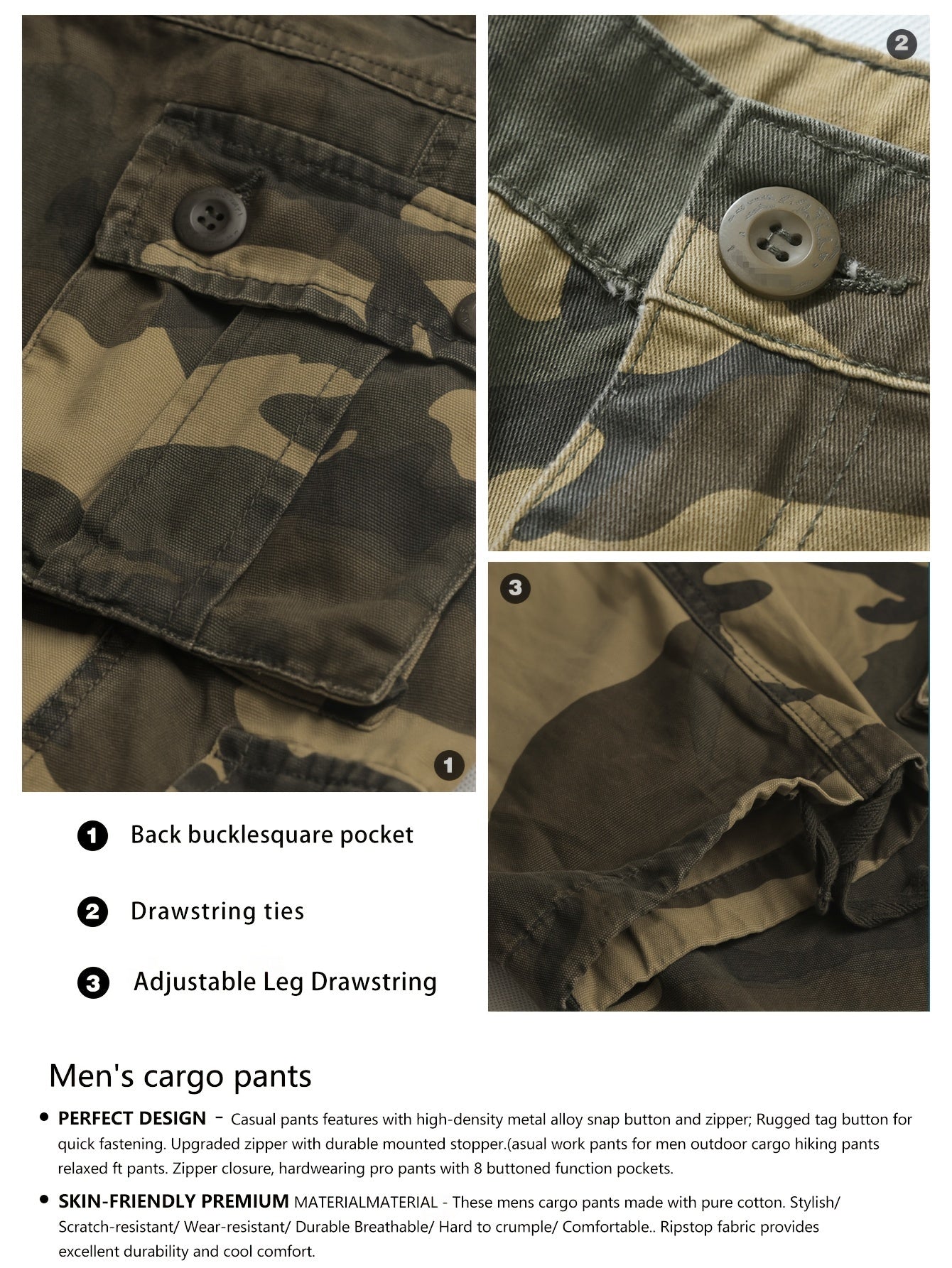 Camouflage Pattern Cotton Tactical Pants, Multi Pocket Cargo Pants