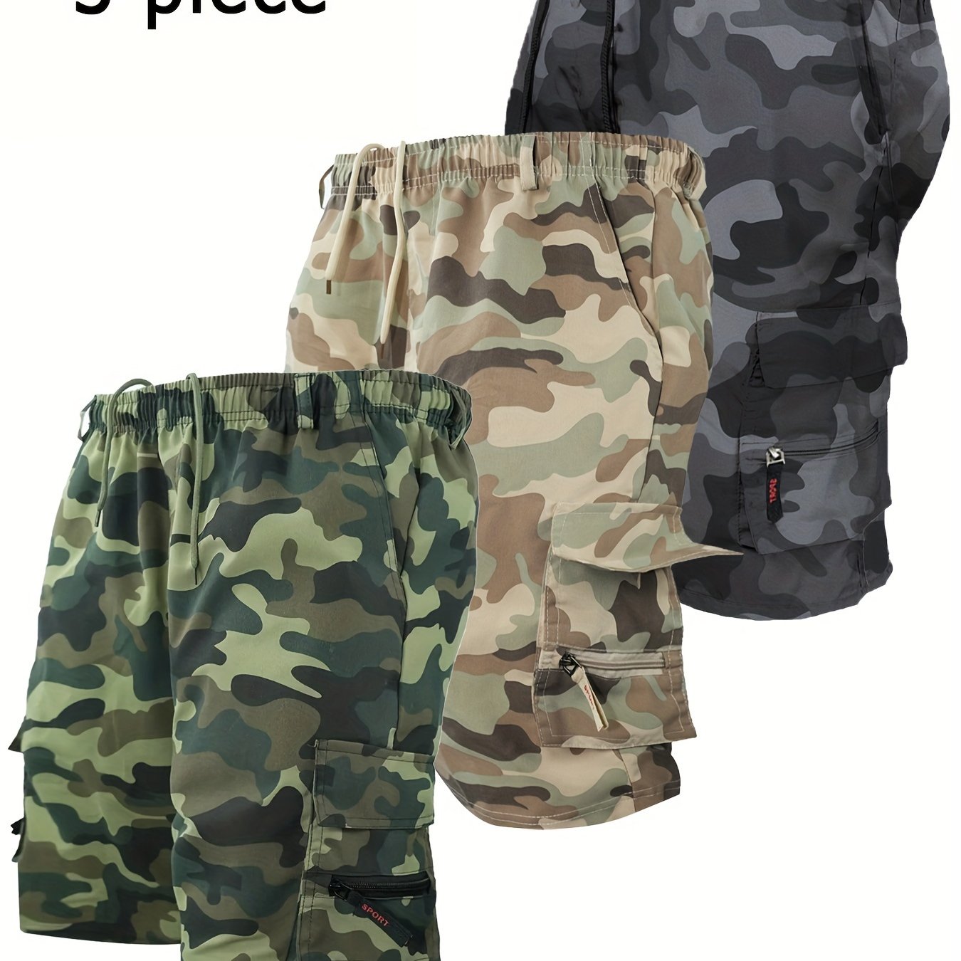 Men's Workwear Shorts 3pcs Set Camouflage Workwear Shorts Outdoor Tactical Shorts Summer Casual Sports Pants Loose Elastic Waist Work Hiking Sports Shorts 3pcs Set