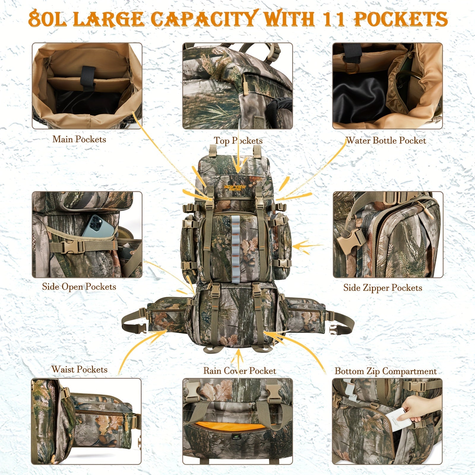 A Tactical Camouflage Bag for Hunting, Camping, Fishing. A 80L/21Gal Capacity Multi-functional Backpack for City Walks or Travel.A Outdoor Breathable Backpack with Multiple Compartments and Ample Storage Space for Hiking.