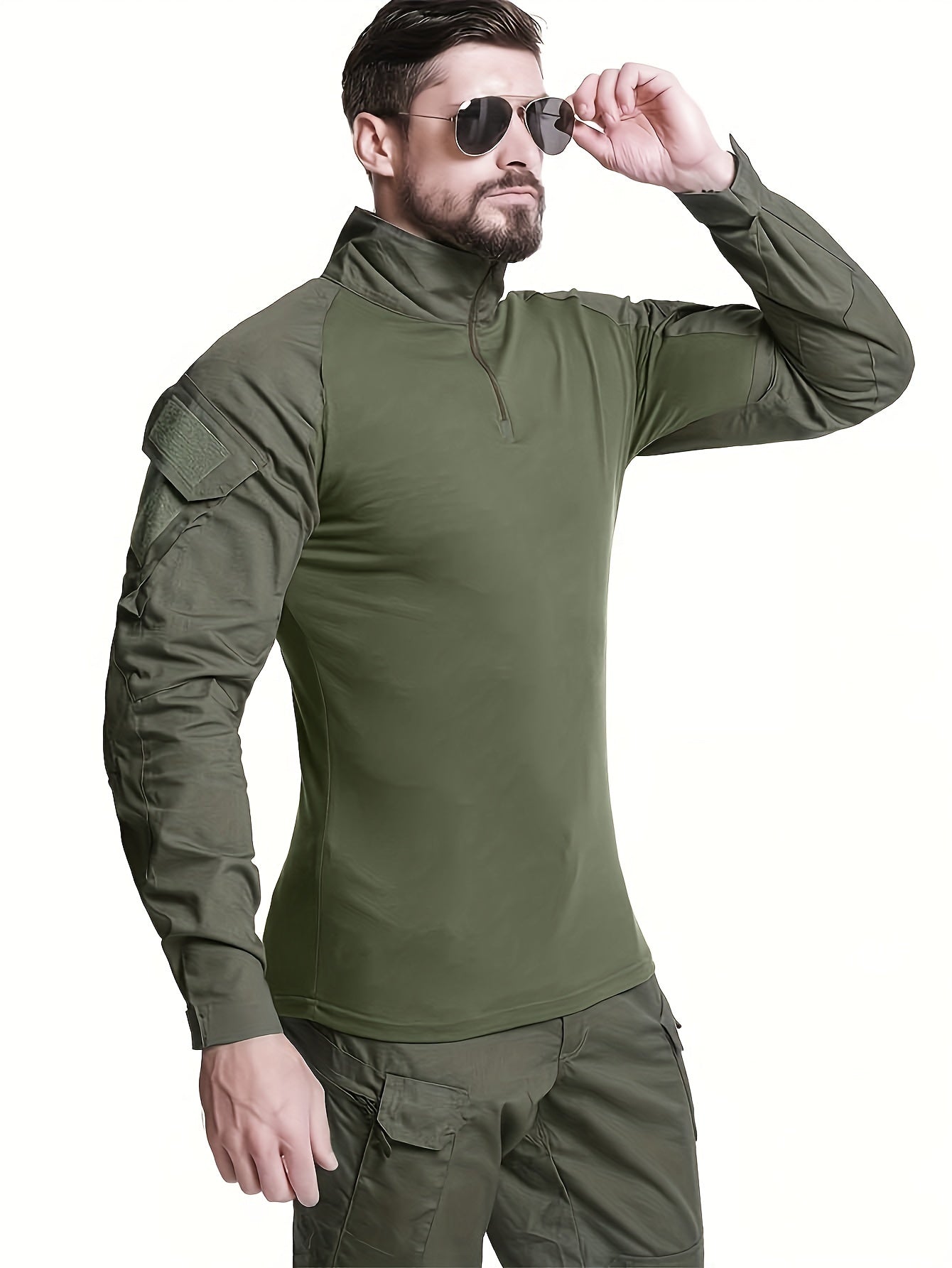Color Block Cotton Men's Training Tactical Long Sleeve Slim Stretch Top With Half Zipper And Pockets, Outdoor Hiking, Climbing, Camping, Fishing Sports