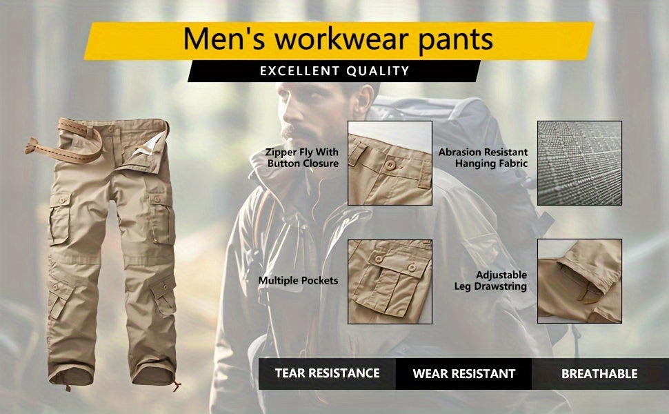 Relaxed Fit Multi-Pocket Cargo Pants for Men - Wear-Resistant, Tactical, Loose-Fitting, Comfortable, Durable, Versatile, and Practical - Ideal for Outdoor Activities, Hiking, Camping, and Travel