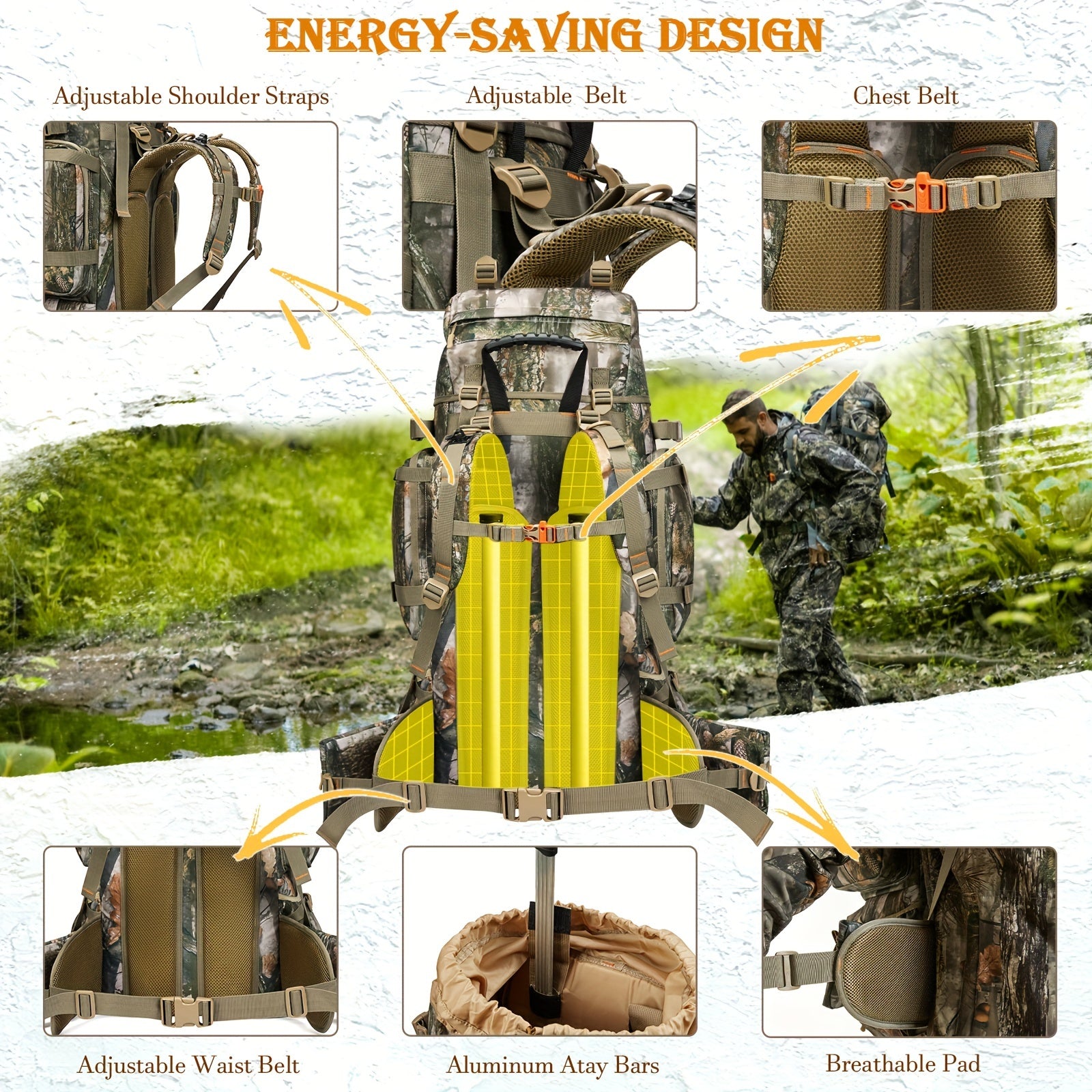 A Tactical Camouflage Bag for Hunting, Camping, Fishing. A 80L/21Gal Capacity Multi-functional Backpack for City Walks or Travel.A Outdoor Breathable Backpack with Multiple Compartments and Ample Storage Space for Hiking.