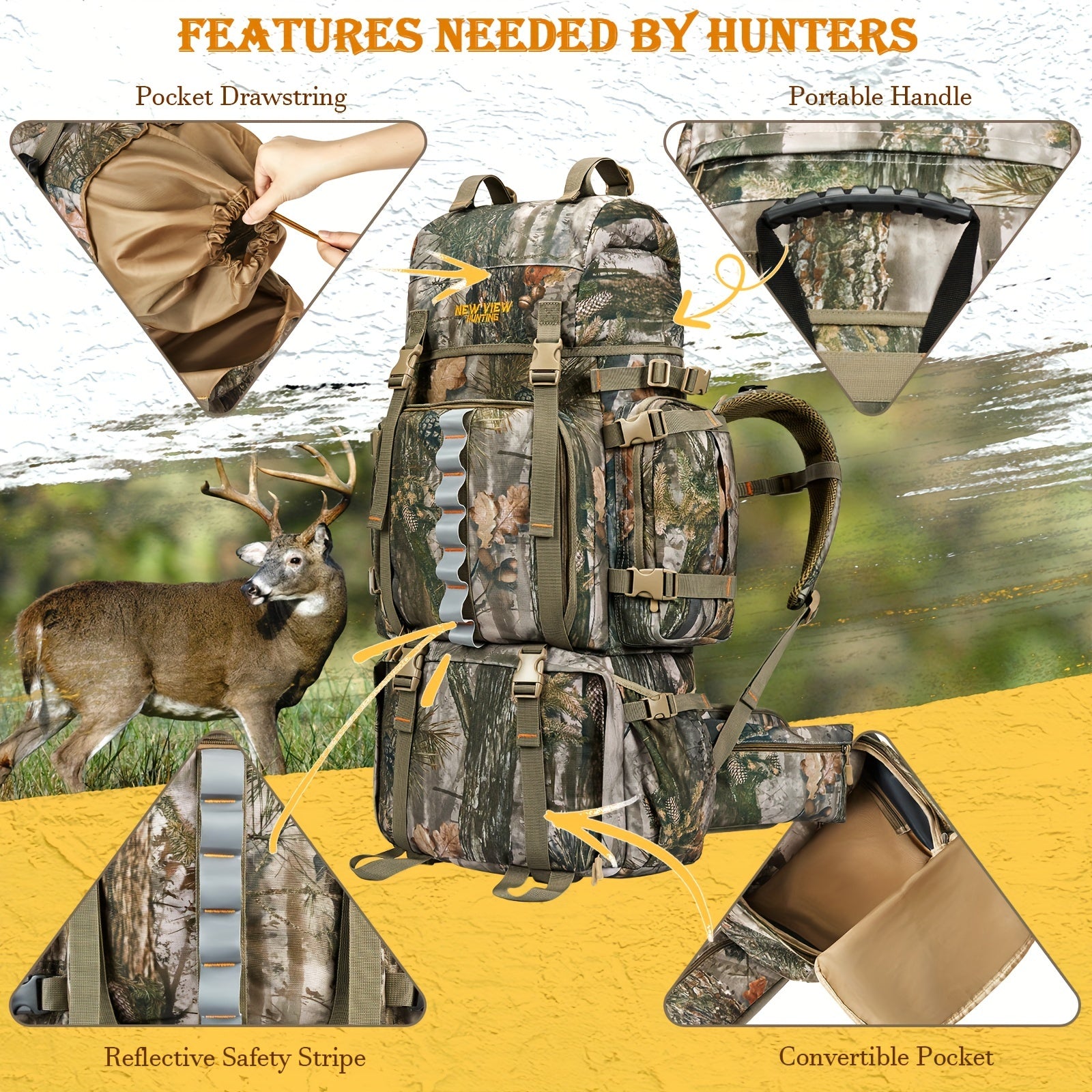 A Tactical Camouflage Bag for Hunting, Camping, Fishing. A 80L/21Gal Capacity Multi-functional Backpack for City Walks or Travel.A Outdoor Breathable Backpack with Multiple Compartments and Ample Storage Space for Hiking.