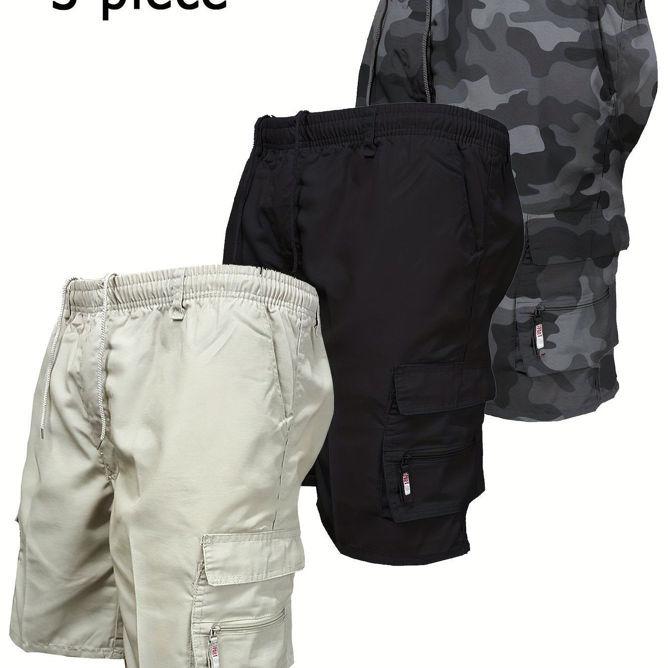 Men's Workwear Shorts 3pcs Set Camouflage Workwear Shorts Outdoor Tactical Shorts Summer Casual Sports Pants Loose Elastic Waist Work Hiking Sports Shorts 3pcs Set