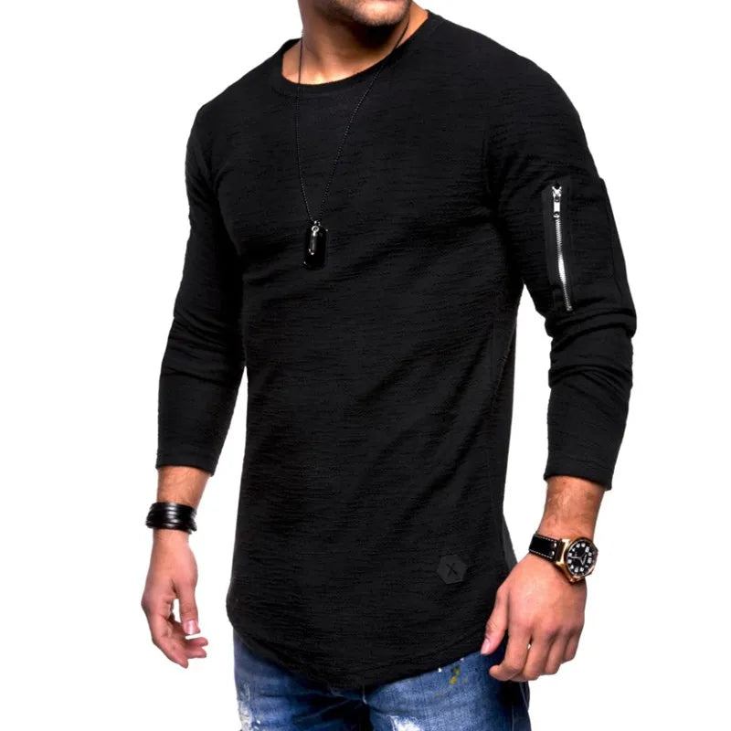2025 New Tshirt Men's Spring Autumn T Shirt Men Long Sleeved Cotton Causal Bodybuilding Folding O Neck Tshirt Tops Tees Men