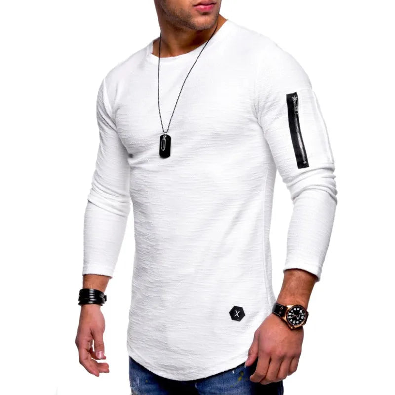 Camiseta de manga larga de algodón para hombre, ropa informal de culturismo, plegable, con cuello redondo, para primavera y otoño, 2025