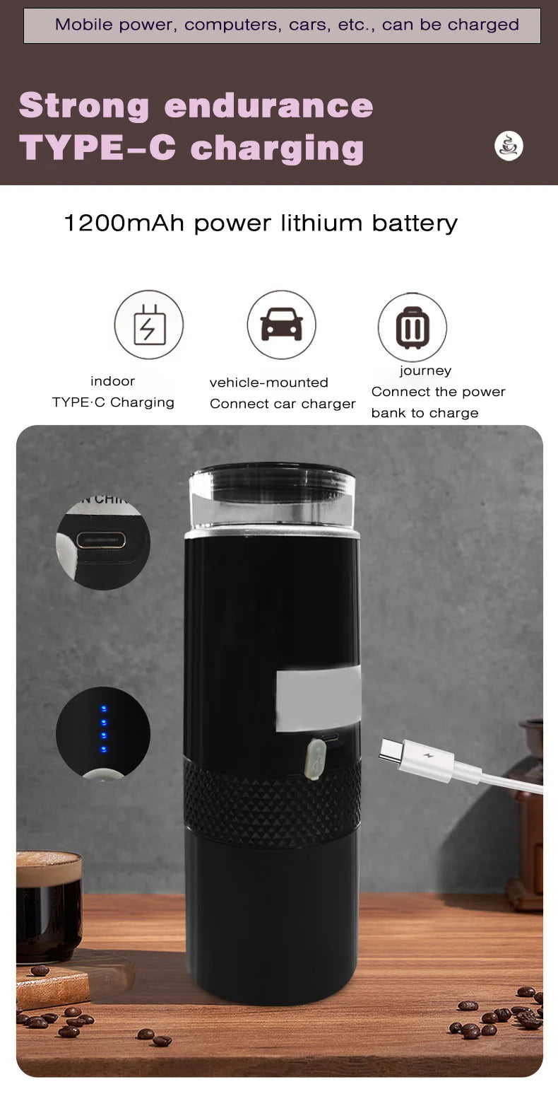 Cafetera Portátil Eléctrica Espresso, Cafetera Recargable por USB Compatible con Cápsulas y Café Molido