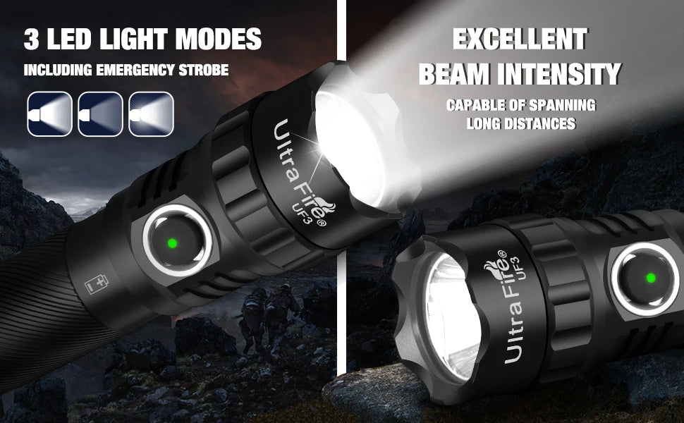 UltraFire UF3 Tactical Flashlight 1200LM Powerful Police LED Torch 3 Modes 21700 USB C Rechargeable with 360° Belt Clip Holster