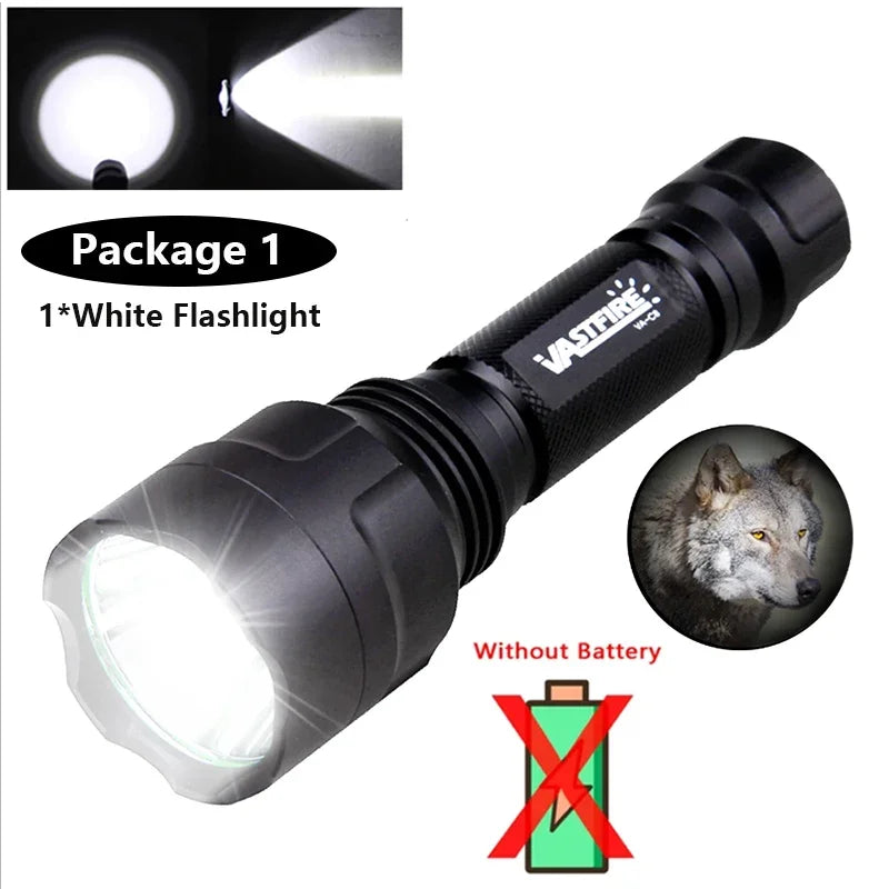 LED Tactical Hunting Flashlight Green/Red/White Torch USB Rechargeable 350LM 600-800 Yards Range C8 Shooting Scout Lights Set