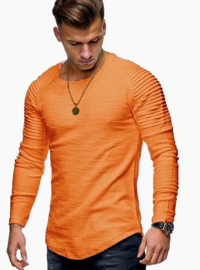 Men's Sport Long Sleeve round Neck T-shirt with Pleats Ultra Slim Fit