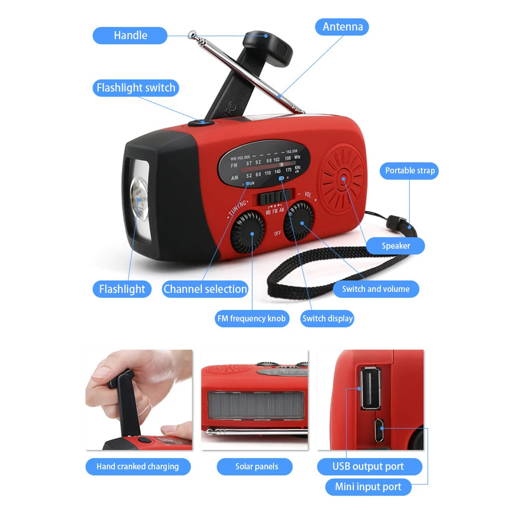 Emergency Hand Crank Radio Multi Functional Solar Powered Portable Emergency Radio For Camping Hiking
