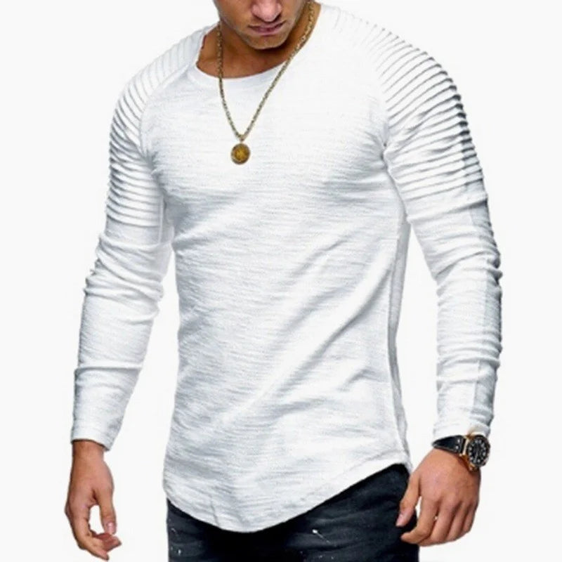 Men's Sport Long Sleeve round Neck T-shirt with Pleats Ultra Slim Fit