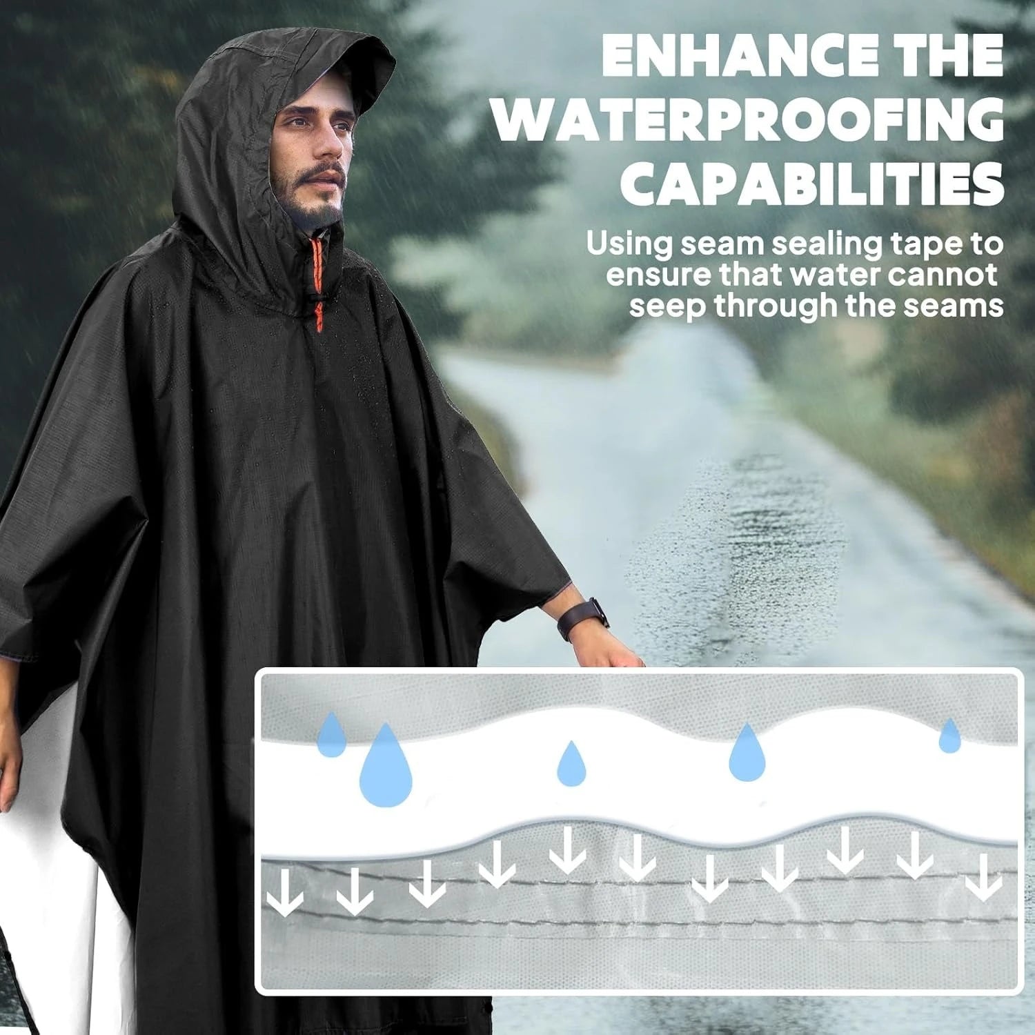 Hooded Rain Poncho for Adults Waterproof Lightweight Rain Coat for Men Women Reusable Rain Jacket for Emergency Outdoor