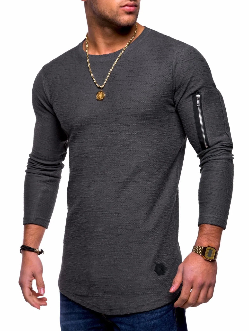 Camiseta de manga larga de algodón para hombre, ropa informal de culturismo, plegable, con cuello redondo, para primavera y otoño, 2025