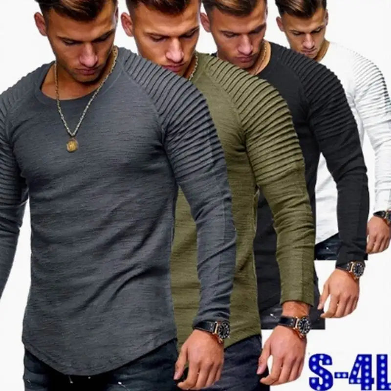 Men's Sport Long Sleeve round Neck T-shirt with Pleats Ultra Slim Fit