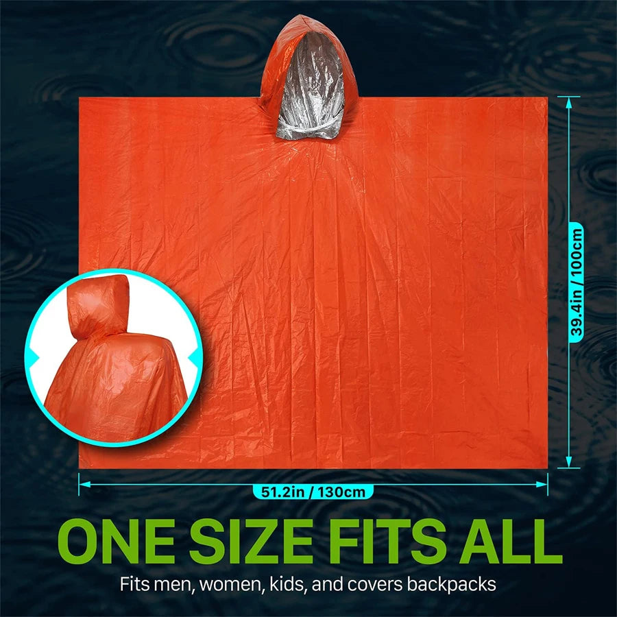 Poncho de lluvia de emergencia con capucha - Paquete de 2, PE, resistente al agua y con forro térmico de Mylar, mantas de supervivencia para exteriores, equipo de camping