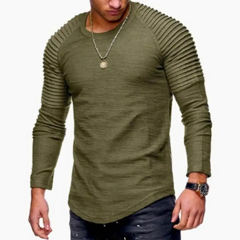 Men's Sport Long Sleeve round Neck T-shirt with Pleats Ultra Slim Fit