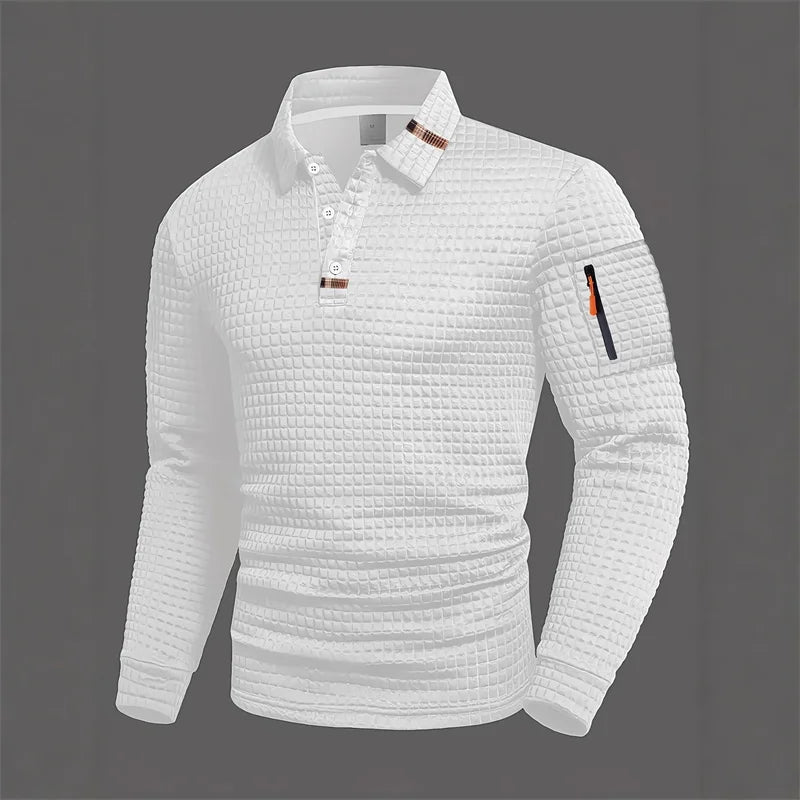Men's textured long-sleeved polo shirt, available in 5 colors, suitable for spring and autumn. White collar, button design, zipper detail