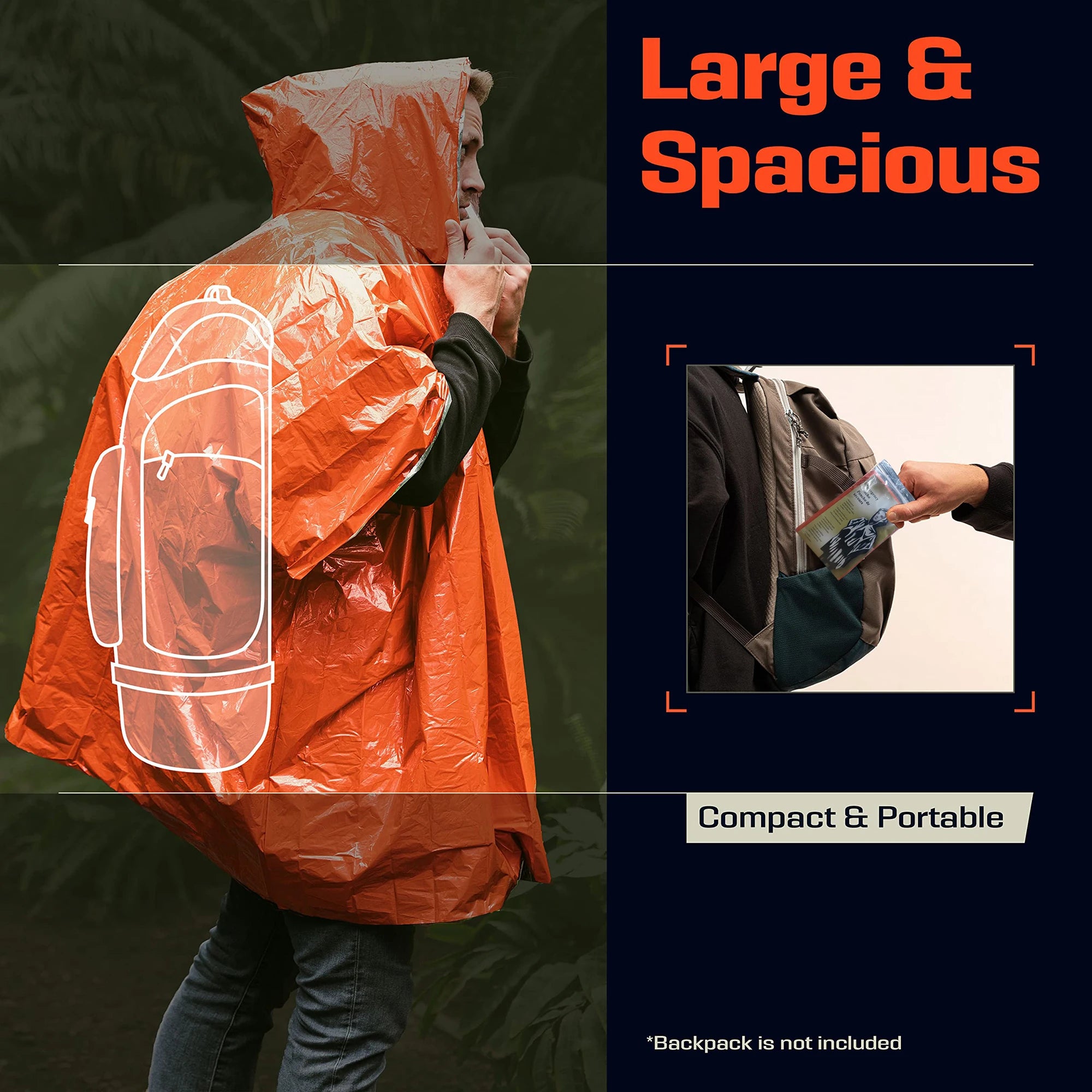 Poncho de lluvia de emergencia con capucha - Paquete de 2, PE, resistente al agua y con forro térmico de Mylar, mantas de supervivencia para exteriores, equipo de camping