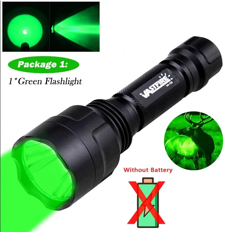 LED Tactical Hunting Flashlight Green/Red/White Torch USB Rechargeable 350LM 600-800 Yards Range C8 Shooting Scout Lights Set