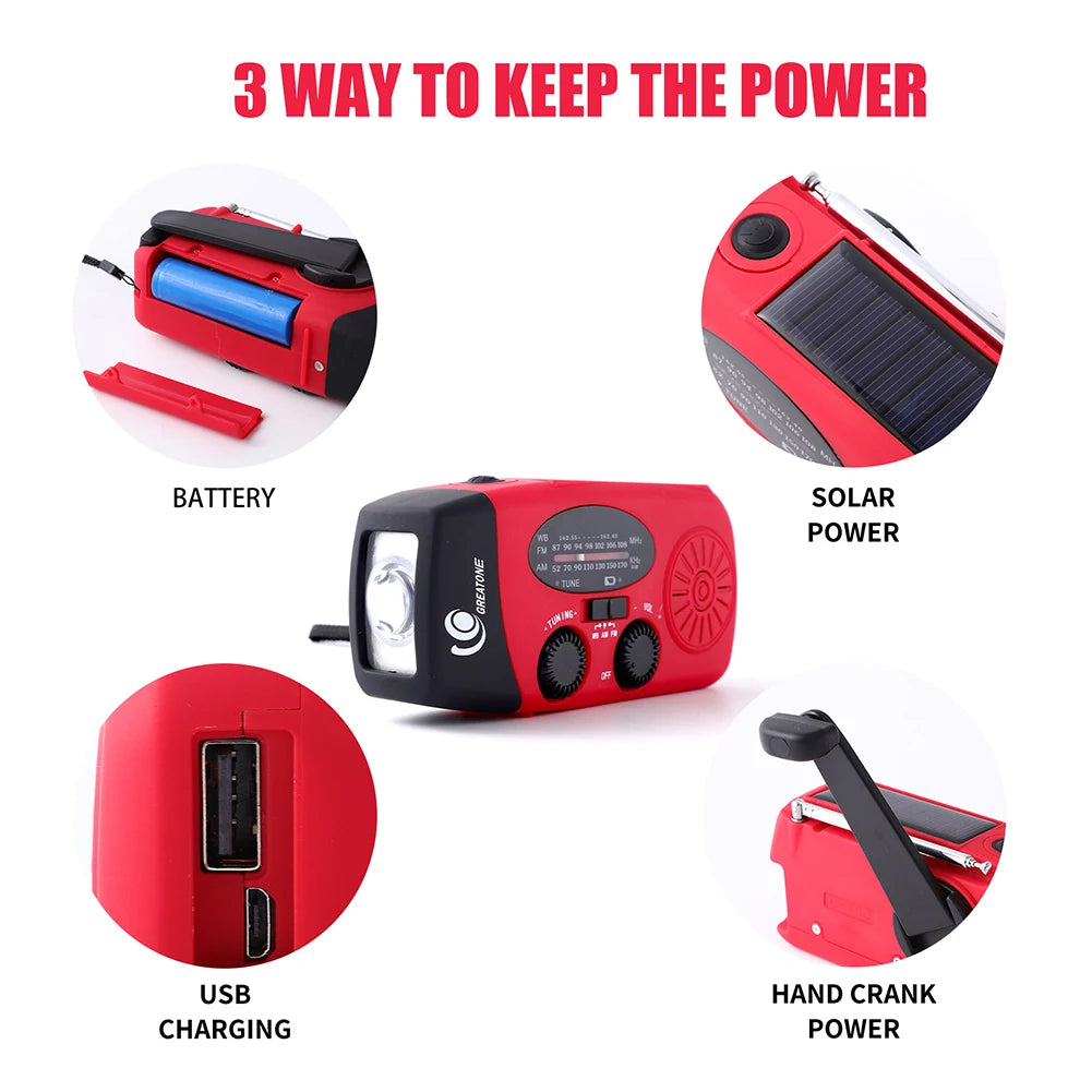 Emergency Hand Crank Radio Multi Functional Solar Powered Portable Emergency Radio For Camping Hiking