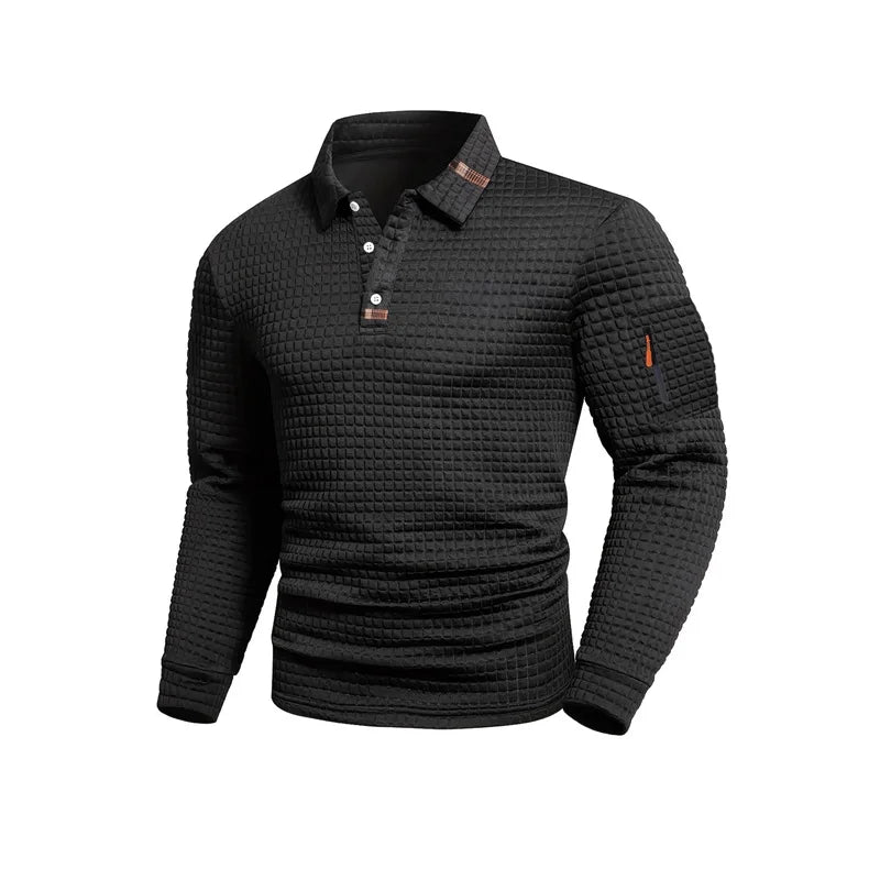 Men's textured long-sleeved polo shirt, available in 5 colors, suitable for spring and autumn. White collar, button design, zipper detail