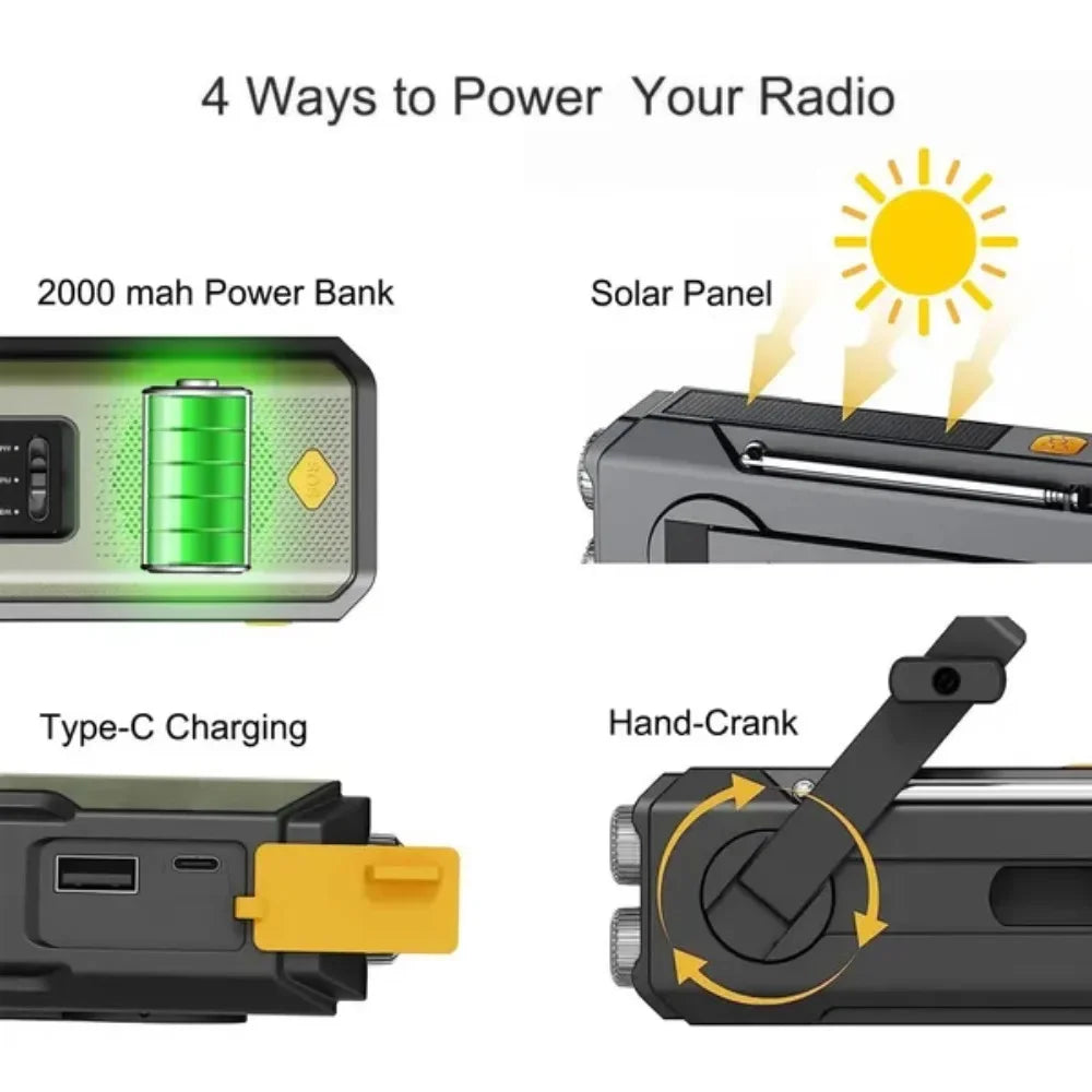 Emergency Radio Solar Power Hand Crank Radio Global Receiver High Quality LED Torch Reading Light SOS Alarm 2000mAh