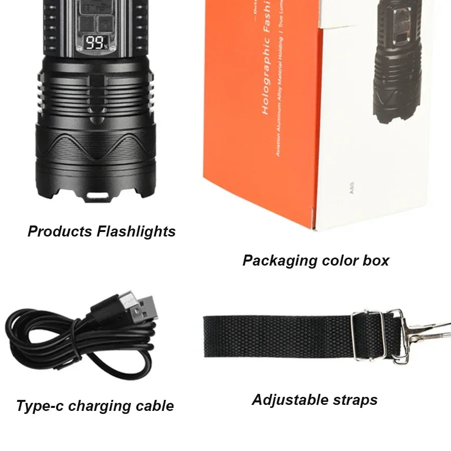 Ultra Bright Long-range Tactical Flashlight High Power LED Rechargable Torch Built-in 15000mAh Battery Camping Hunting Lantern
