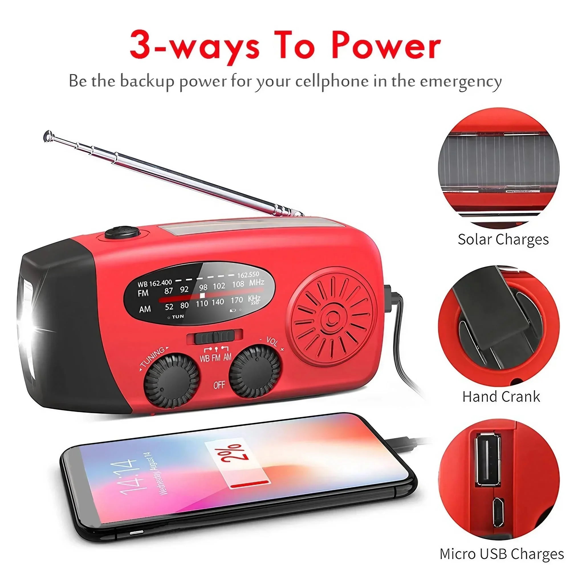 Emergency Radio Solar Power Hand Crank Radio Global Receiver High Quality LED Torch Reading Light SOS Alarm 2000mAh