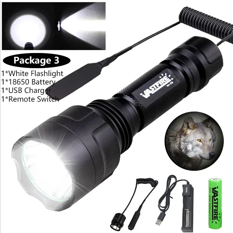 LED Tactical Hunting Flashlight Green/Red/White Torch USB Rechargeable 350LM 600-800 Yards Range C8 Shooting Scout Lights Set