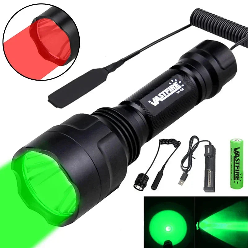 LED Tactical Hunting Flashlight Green/Red/White Torch USB Rechargeable 350LM 600-800 Yards Range C8 Shooting Scout Lights Set