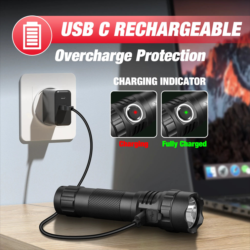 UltraFire UF3 Tactical Flashlight 1200LM Powerful Police LED Torch 3 Modes 21700 USB C Rechargeable with 360° Belt Clip Holster