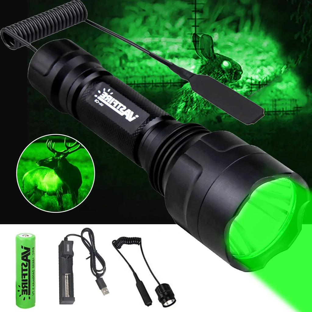 LED Tactical Hunting Flashlight Green/Red/White Torch USB Rechargeable 350LM 600-800 Yards Range C8 Shooting Scout Lights Set