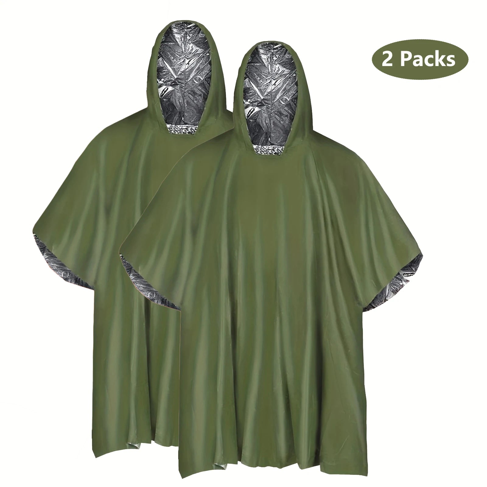 Poncho de lluvia de emergencia con capucha - Paquete de 2, PE, resistente al agua y con forro térmico de Mylar, mantas de supervivencia para exteriores, equipo de camping