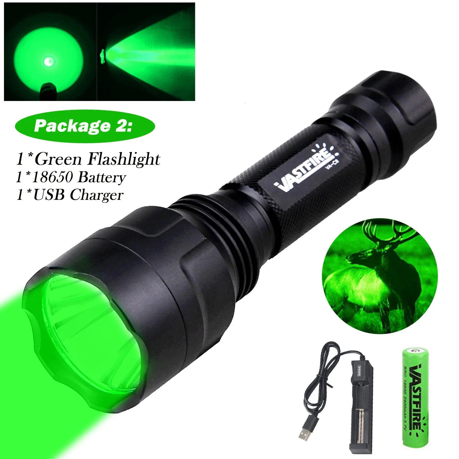 LED Tactical Hunting Flashlight Green/Red/White Torch USB Rechargeable 350LM 600-800 Yards Range C8 Shooting Scout Lights Set