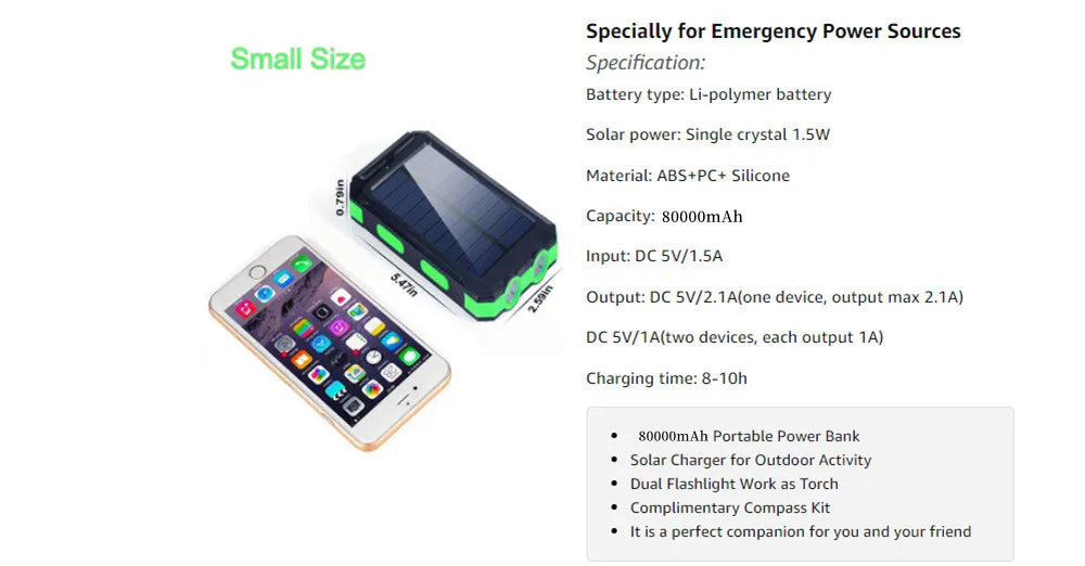 Power Bank Solar 80000mAh Cargador Portátil Poverbank Batería Externa Luz Potente LDE para Todos los Smartphones