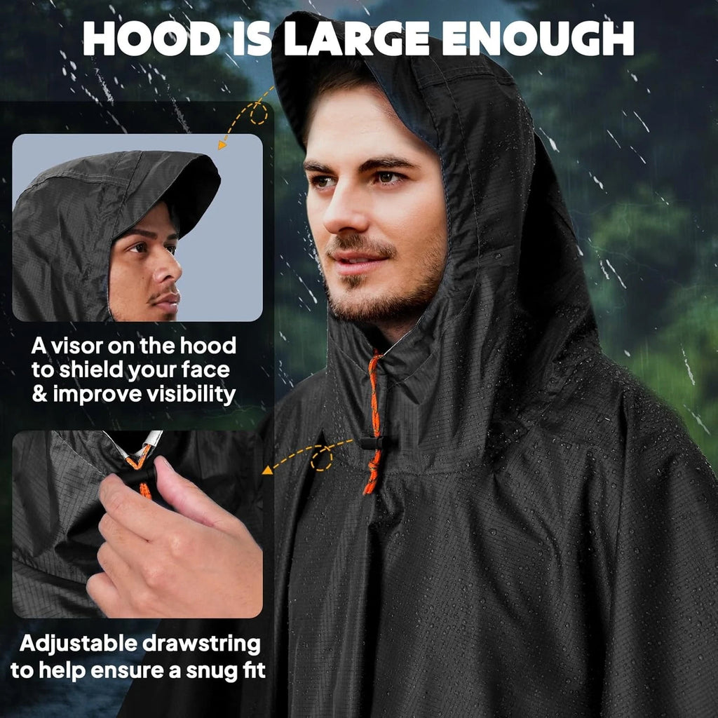 Hooded Rain Poncho for Adults Waterproof Lightweight Rain Coat for Men Women Reusable Rain Jacket for Emergency Outdoor