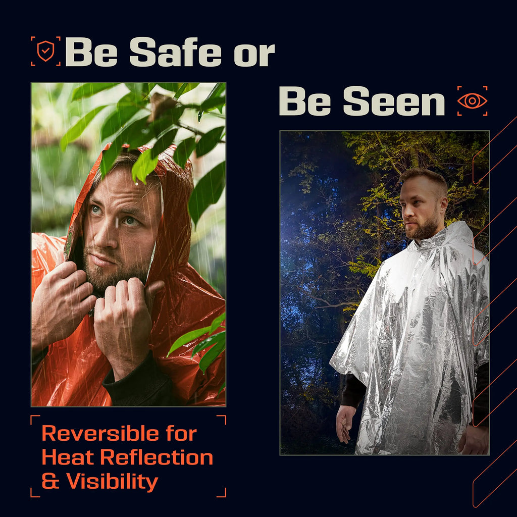 Emergency Rain Poncho with Hood - 2 Pack,PE,Water-Resistant & Thermal Mylar Lined,Survival Blankets for Outdoors,Camping Gear