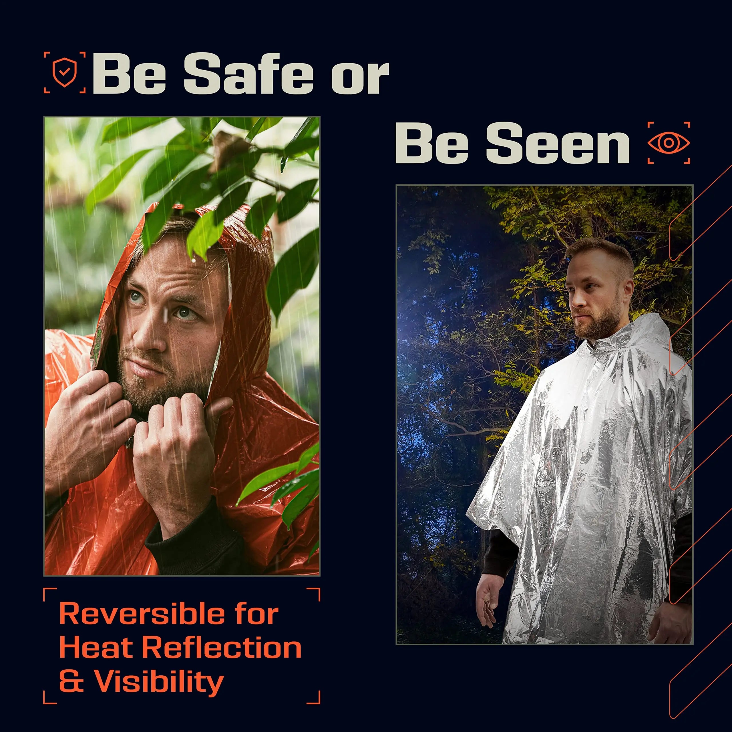 Poncho de lluvia de emergencia con capucha - Paquete de 2, PE, resistente al agua y con forro térmico de Mylar, mantas de supervivencia para exteriores, equipo de camping