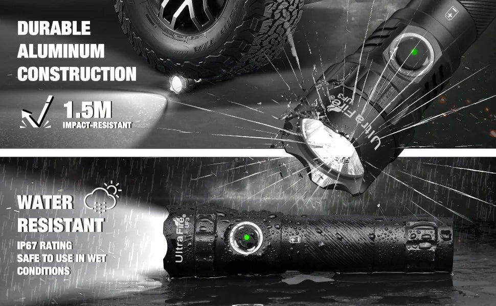 UltraFire UF3 Tactical Flashlight 1200LM Powerful Police LED Torch 3 Modes 21700 USB C Rechargeable with 360° Belt Clip Holster