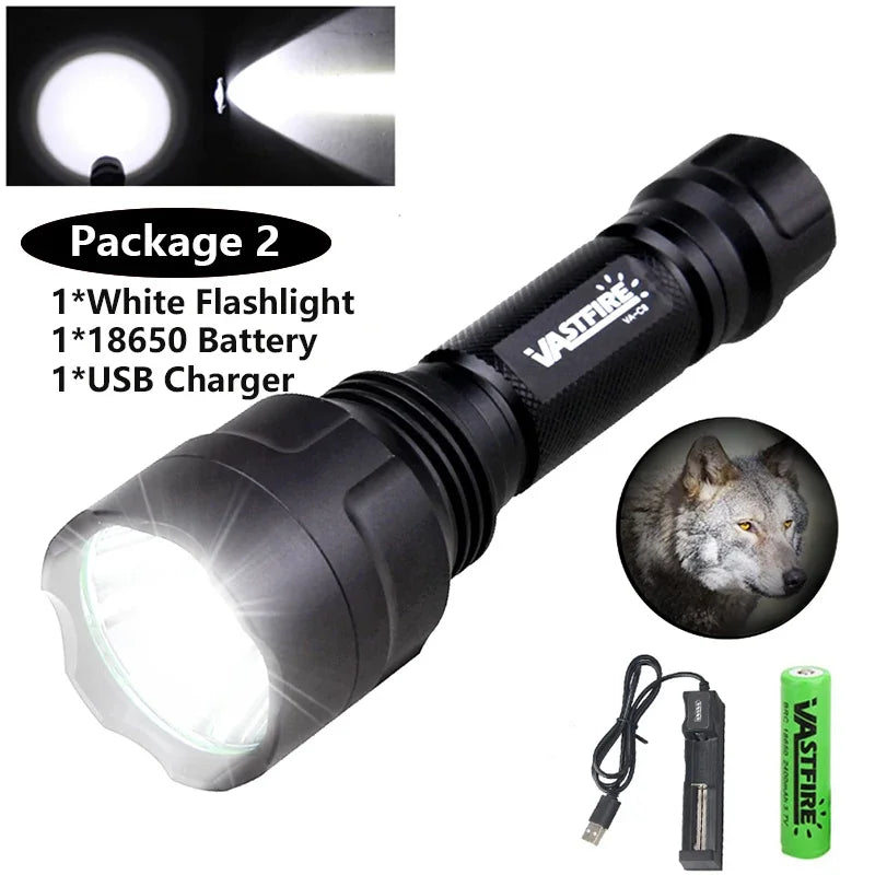 LED Tactical Hunting Flashlight Green/Red/White Torch USB Rechargeable 350LM 600-800 Yards Range C8 Shooting Scout Lights Set