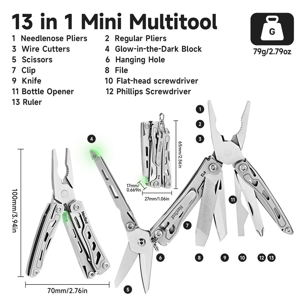 NexTool Mini Flagship F12 Multitool 13-in-1 Keychain Multitool with Serrated Scissors Upgraded 80Cr14Mov Steel EDC Multi Tool