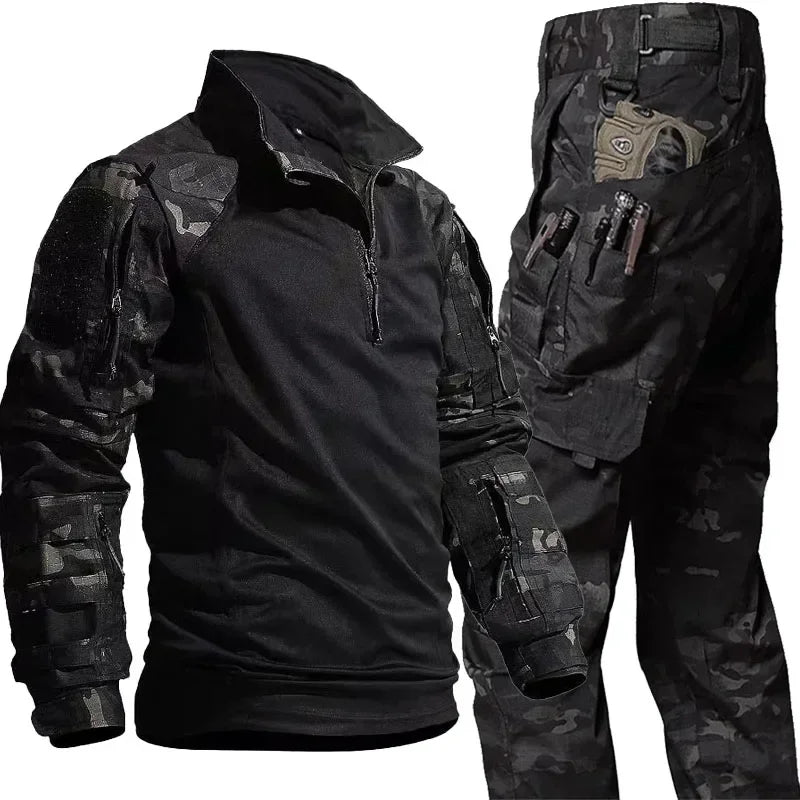 Outdoor Tactical Sets Men Wear-resistant Hunting Uniform Sweatshirt+Multi-pocket Cargo Pant 2 Pcs Suits Hiking Combat Set