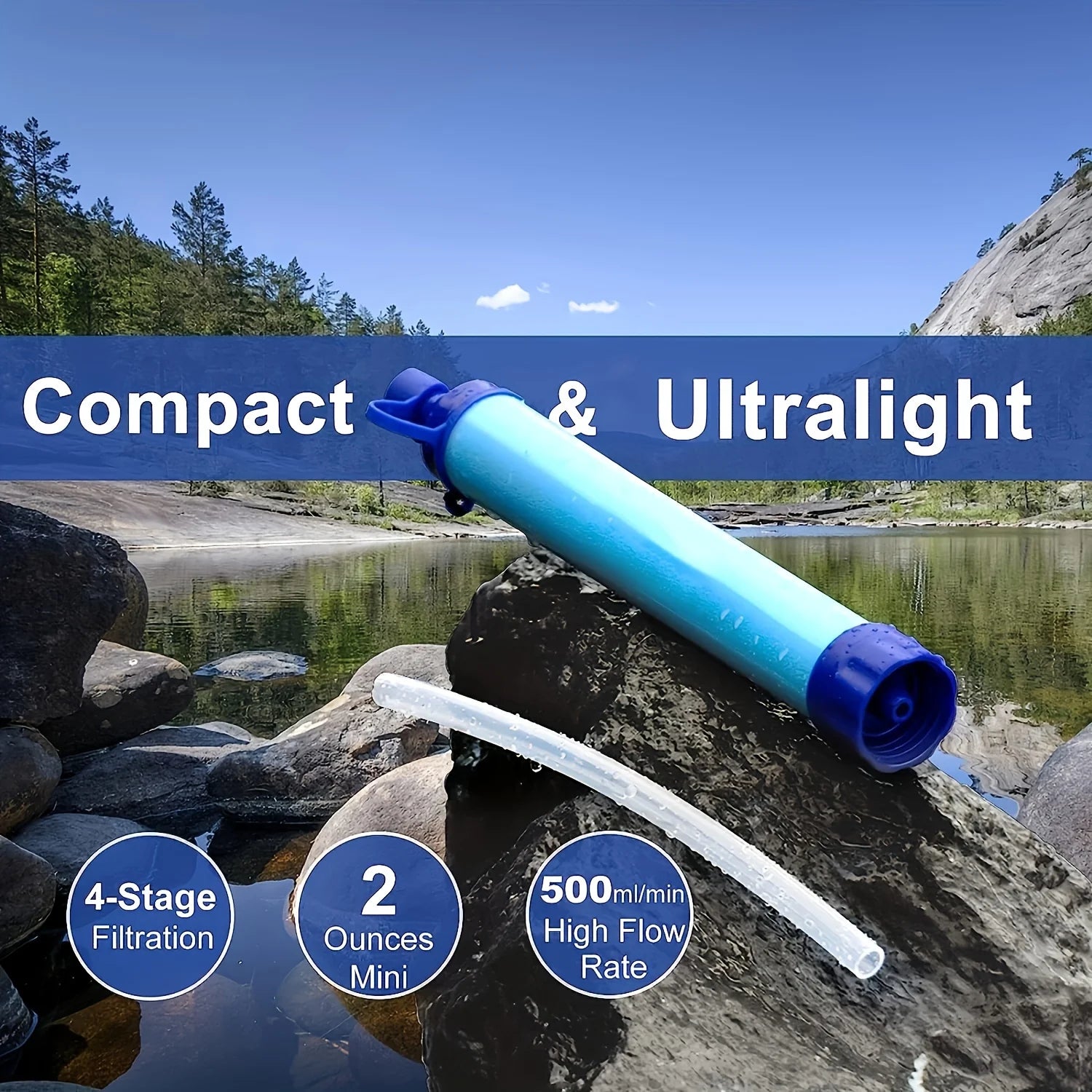 1 pajita purificadora de agua portátil de 4 etapas - Elimina el 99.9999% de las impurezas - Ideal para aventuras al aire libre, filtra hasta 1.500 L