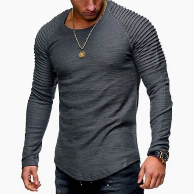 Men's Sport Long Sleeve round Neck T-shirt with Pleats Ultra Slim Fit