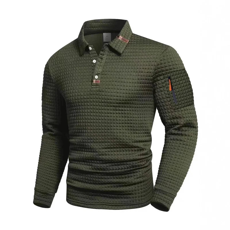 Men's textured long-sleeved polo shirt, available in 5 colors, suitable for spring and autumn. White collar, button design, zipper detail