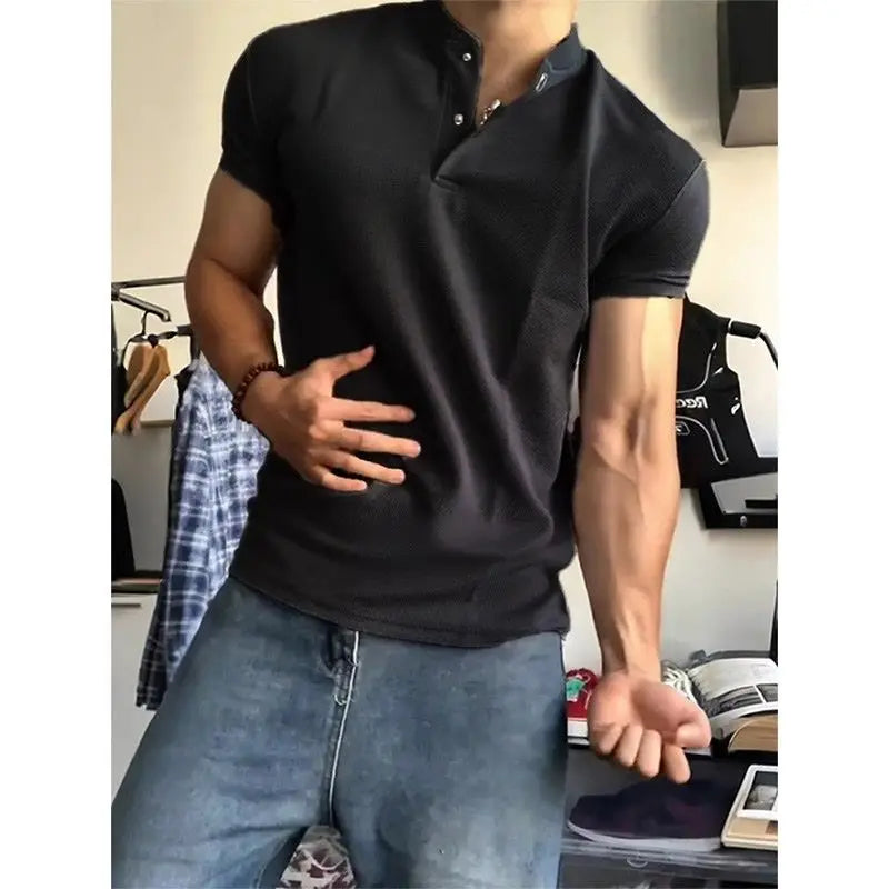 Short-sleeved T-shirt for Men Summer American-style Sports Fitness Regular Shoulder Muscle-revealing Three-quarter Sleeve